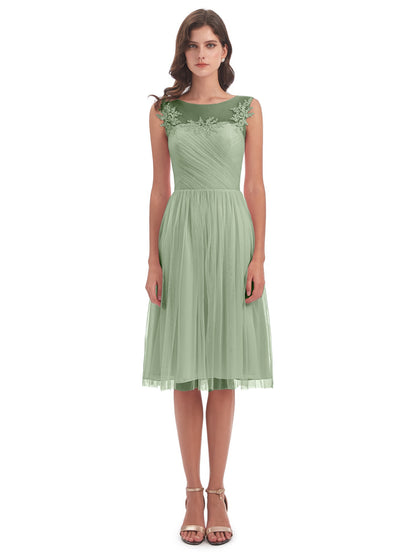 Brooklyn Knee Length Illusion Scoop Tulle Bridesmaid Dresses