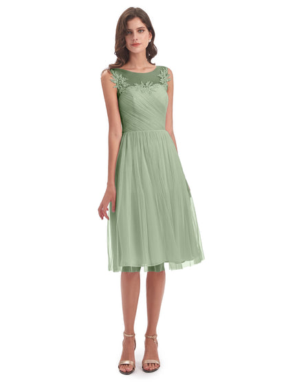 Brooklyn Knee Length Illusion Scoop Tulle Bridesmaid Dresses