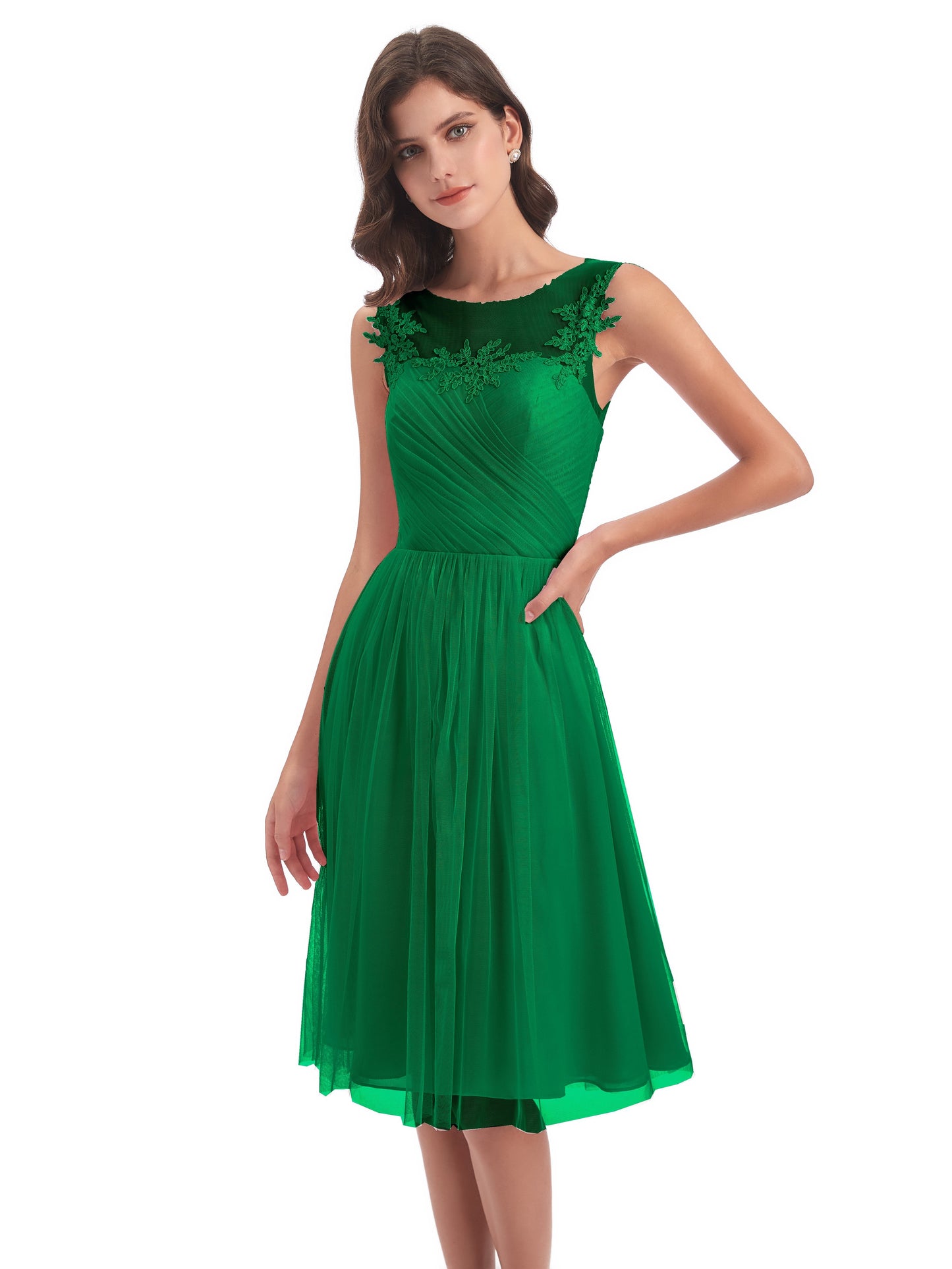 Brooklyn Knee Length Illusion Scoop Tulle Bridesmaid Dresses