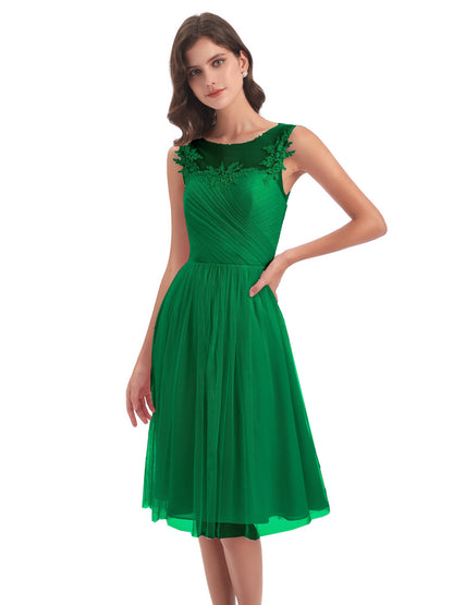Brooklyn Knee Length Illusion Scoop Tulle Bridesmaid Dresses