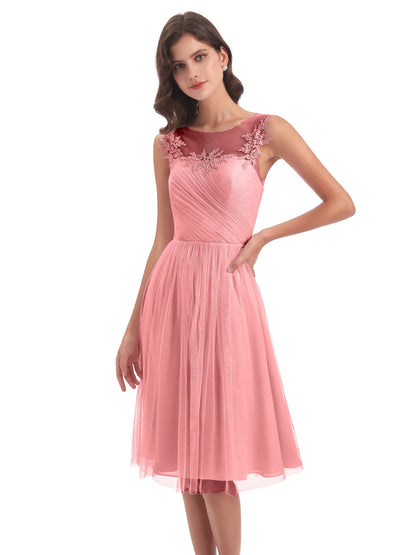 Brooklyn Knee Length Illusion Scoop Tulle Bridesmaid Dresses