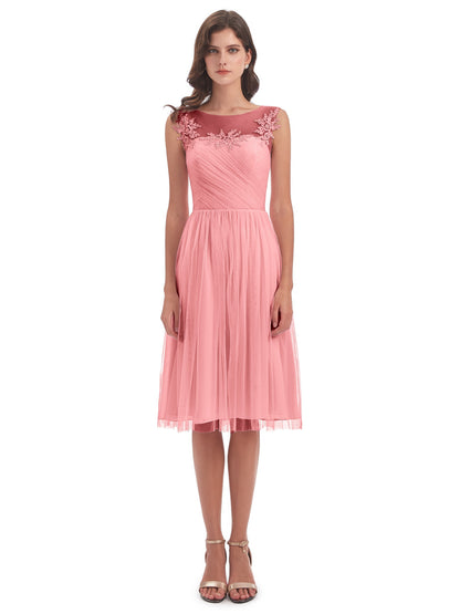 Brooklyn Knee Length Illusion Scoop Tulle Bridesmaid Dresses