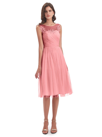 Brooklyn Knee Length Illusion Scoop Tulle Bridesmaid Dresses