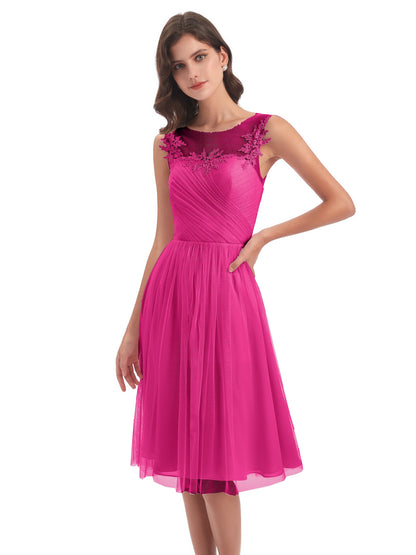 Brooklyn Knee Length Illusion Scoop Tulle Bridesmaid Dresses