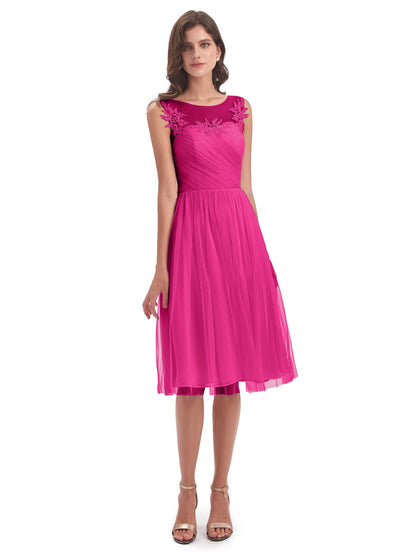 Brooklyn Knee Length Illusion Scoop Tulle Bridesmaid Dresses