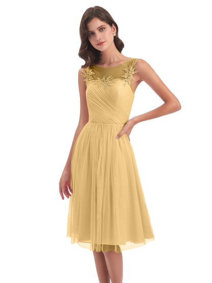 Brooklyn Knee Length Illusion Scoop Tulle Bridesmaid Dresses
