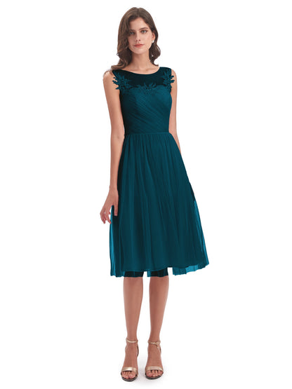 Brooklyn Knee Length Illusion Scoop Tulle Bridesmaid Dresses