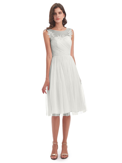 Brooklyn Knee Length Illusion Scoop Tulle Bridesmaid Dresses