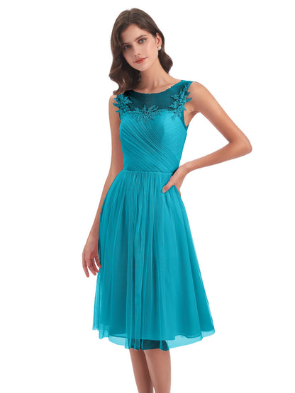 Brooklyn Knee Length Illusion Scoop Tulle Bridesmaid Dresses