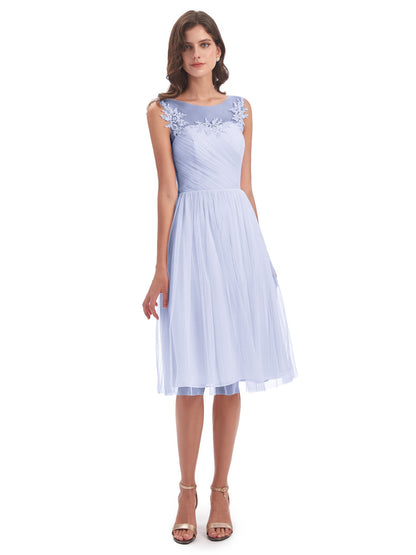 Brooklyn Knee Length Illusion Scoop Tulle Bridesmaid Dresses