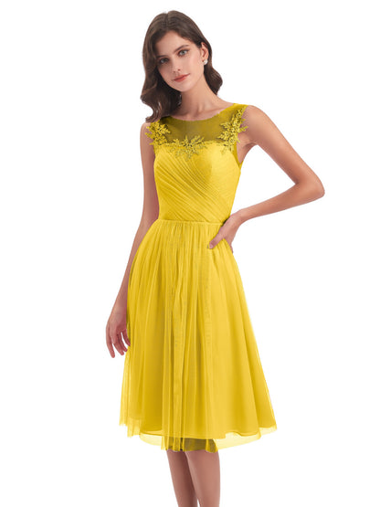 Brooklyn Knee Length Illusion Scoop Tulle Bridesmaid Dresses
