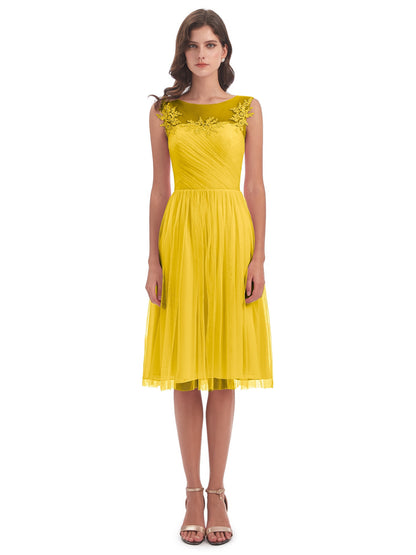 Brooklyn Knee Length Illusion Scoop Tulle Bridesmaid Dresses