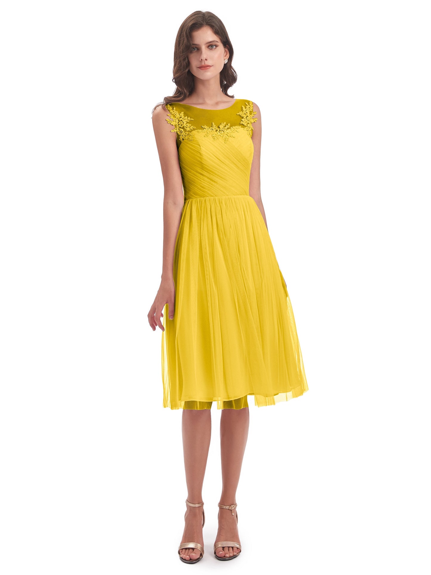 Brooklyn Knee Length Illusion Scoop Tulle Bridesmaid Dresses