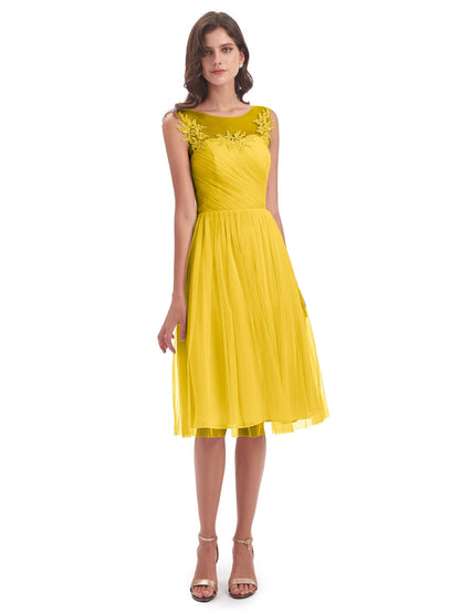 Brooklyn Knee Length Illusion Scoop Tulle Bridesmaid Dresses