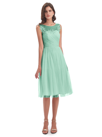 Brooklyn Knee Length Illusion Scoop Tulle Bridesmaid Dresses