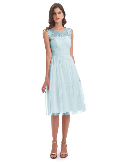 Brooklyn Knee Length Illusion Scoop Tulle Bridesmaid Dresses