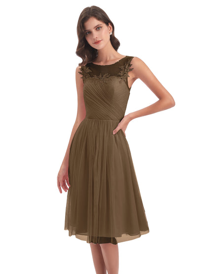 Brooklyn Knee Length Illusion Scoop Tulle Bridesmaid Dresses