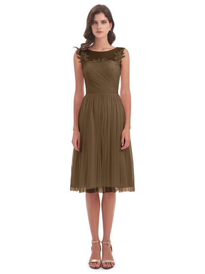 Brooklyn Knee Length Illusion Scoop Tulle Bridesmaid Dresses