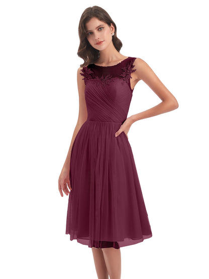 Brooklyn Knee Length Illusion Scoop Tulle Bridesmaid Dresses