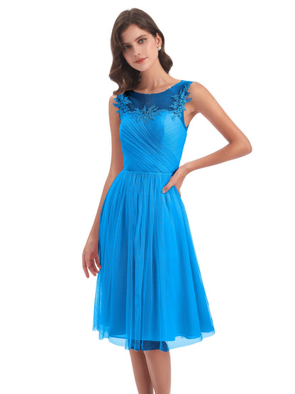 Brooklyn Knee Length Illusion Scoop Tulle Bridesmaid Dresses