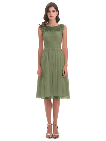 Brooklyn Knee Length Illusion Scoop Tulle Bridesmaid Dresses