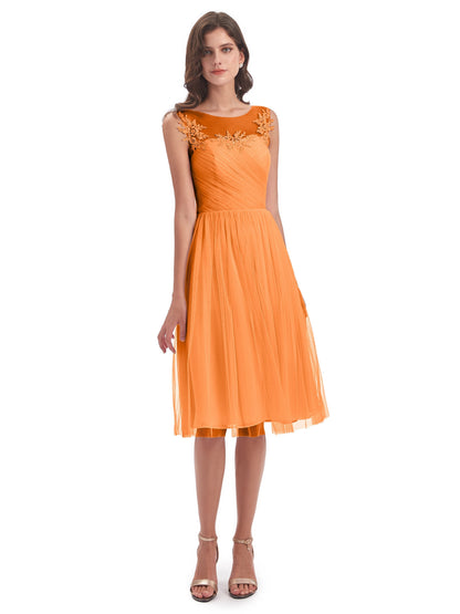 Brooklyn Knee Length Illusion Scoop Tulle Bridesmaid Dresses