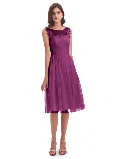 Brooklyn Knee Length Illusion Scoop Tulle Bridesmaid Dresses