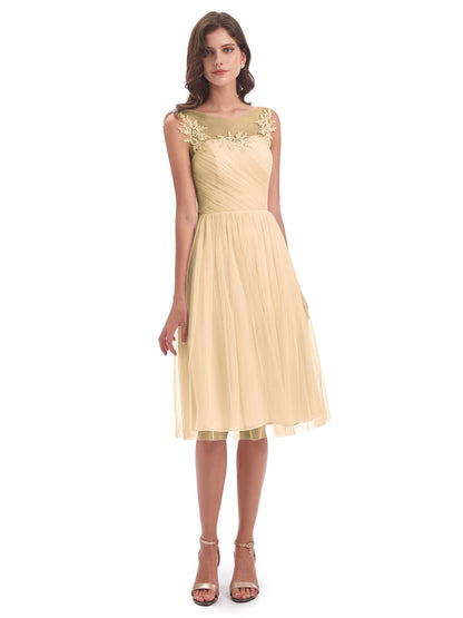 Brooklyn Knee Length Illusion Scoop Tulle Bridesmaid Dresses