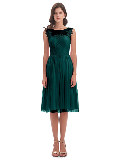 Brooklyn Knee Length Illusion Scoop Tulle Bridesmaid Dresses