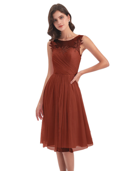 Brooklyn Knee Length Illusion Scoop Tulle Bridesmaid Dresses