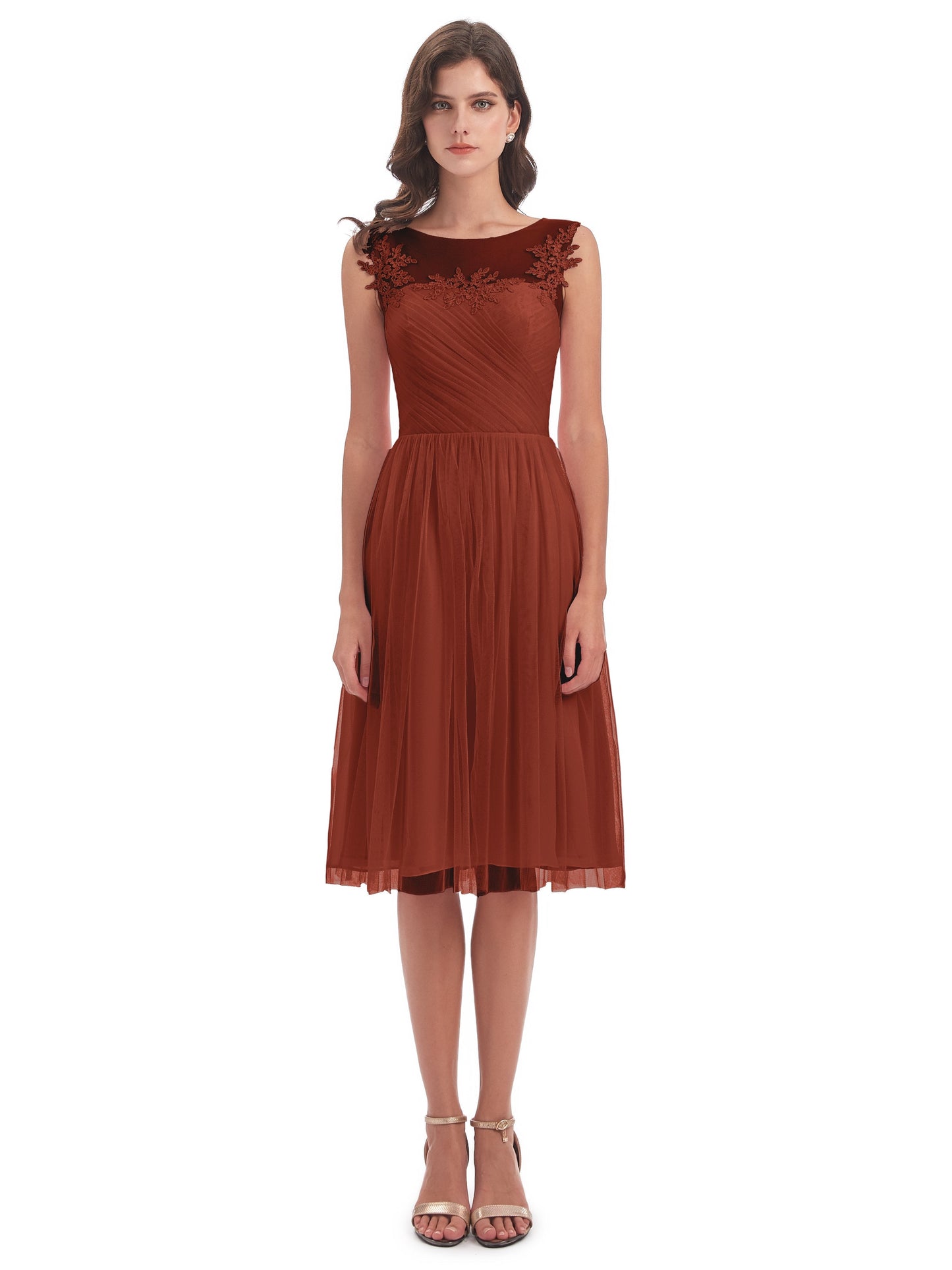 Brooklyn Knee Length Illusion Scoop Tulle Bridesmaid Dresses