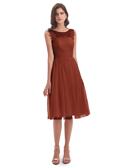 Brooklyn Knee Length Illusion Scoop Tulle Bridesmaid Dresses