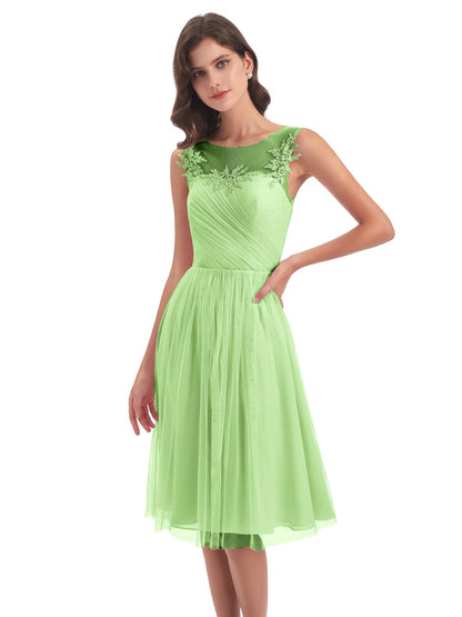 Brooklyn Knee Length Illusion Scoop Tulle Bridesmaid Dresses