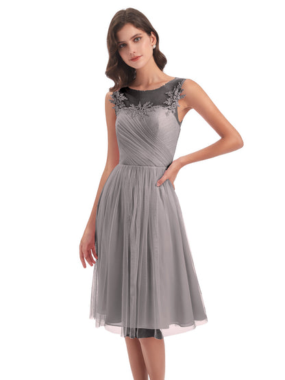 Brooklyn Knee Length Illusion Scoop Tulle Bridesmaid Dresses