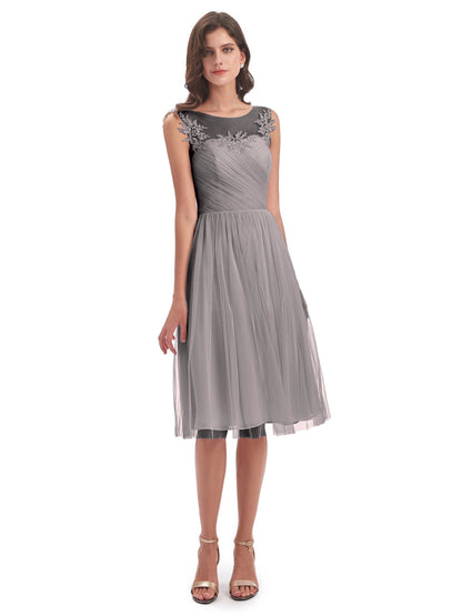 Brooklyn Knee Length Illusion Scoop Tulle Bridesmaid Dresses
