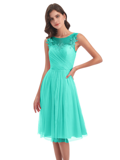 Brooklyn Knee Length Illusion Scoop Tulle Bridesmaid Dresses
