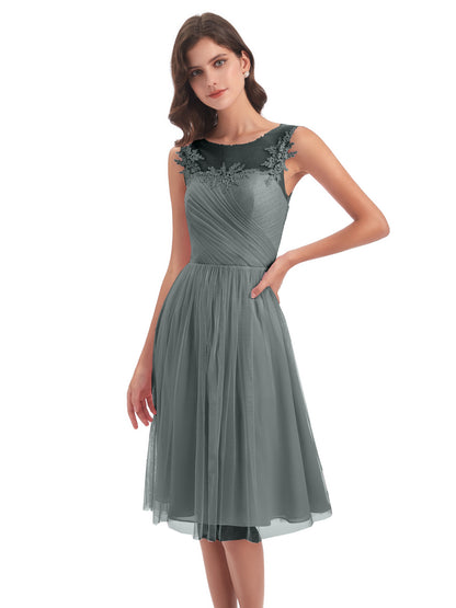 Brooklyn Knee Length Illusion Scoop Tulle Bridesmaid Dresses