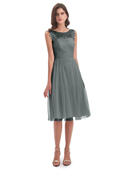 Brooklyn Knee Length Illusion Scoop Tulle Bridesmaid Dresses