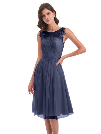 Brooklyn Knee Length Illusion Scoop Tulle Bridesmaid Dresses