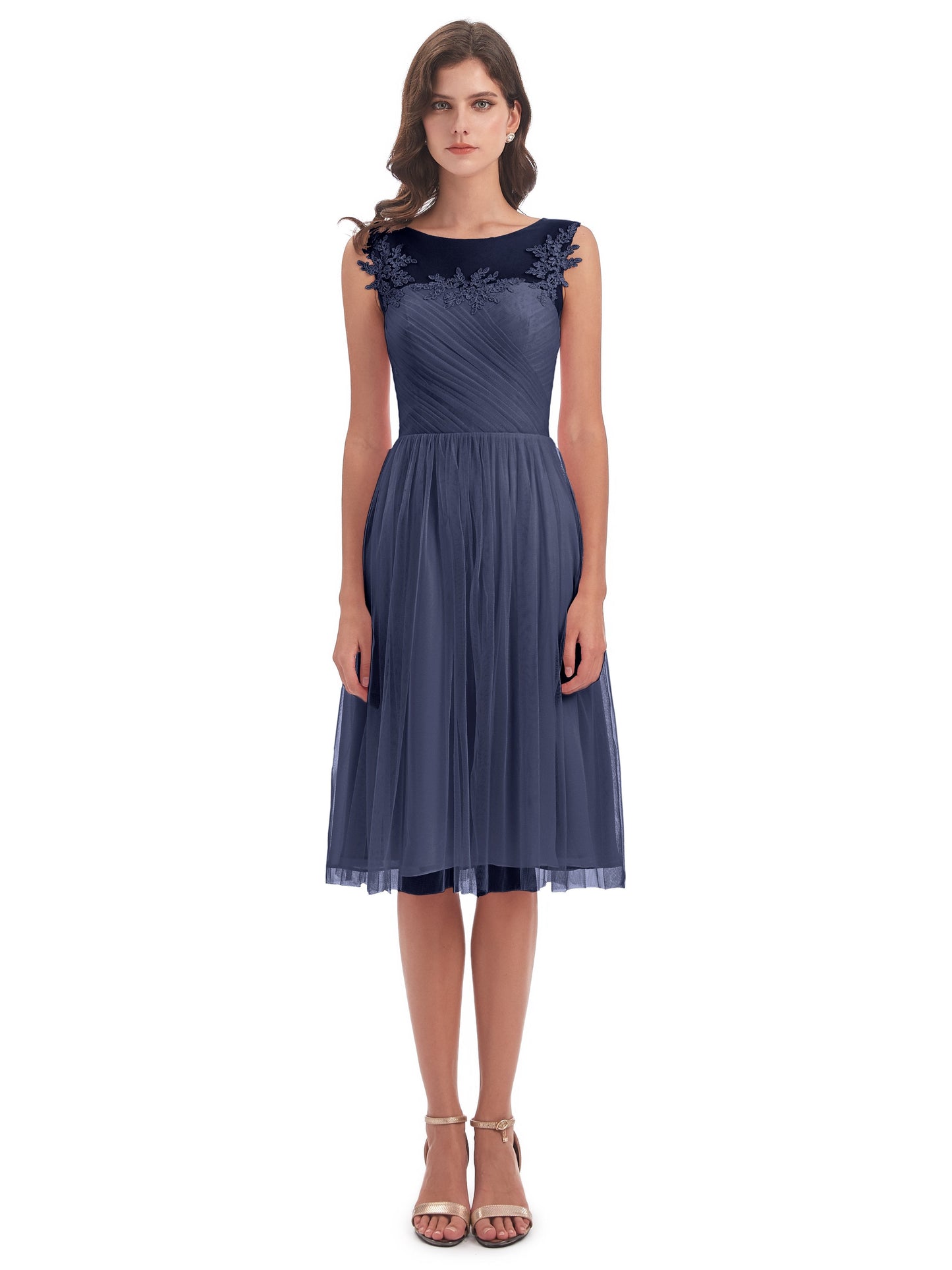 Brooklyn Knee Length Illusion Scoop Tulle Bridesmaid Dresses