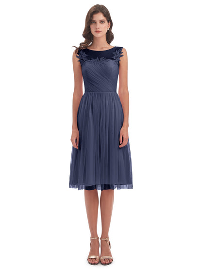 Brooklyn Knee Length Illusion Scoop Tulle Bridesmaid Dresses