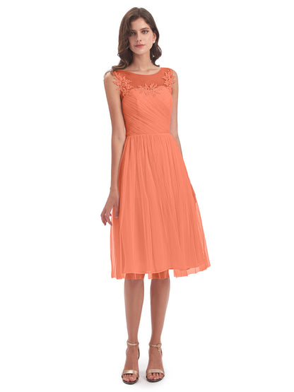 Brooklyn Knee Length Illusion Scoop Tulle Bridesmaid Dresses