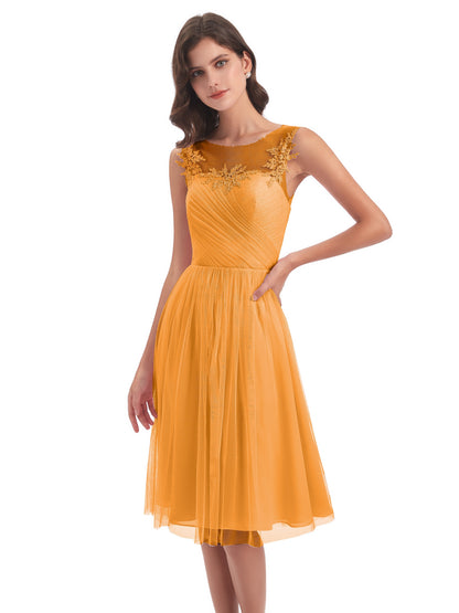 Brooklyn Knee Length Illusion Scoop Tulle Bridesmaid Dresses