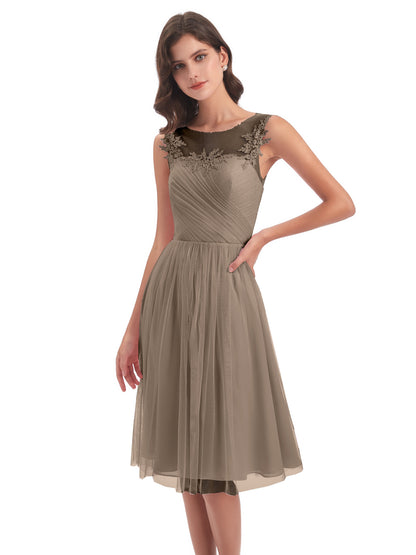 Brooklyn Knee Length Illusion Scoop Tulle Bridesmaid Dresses