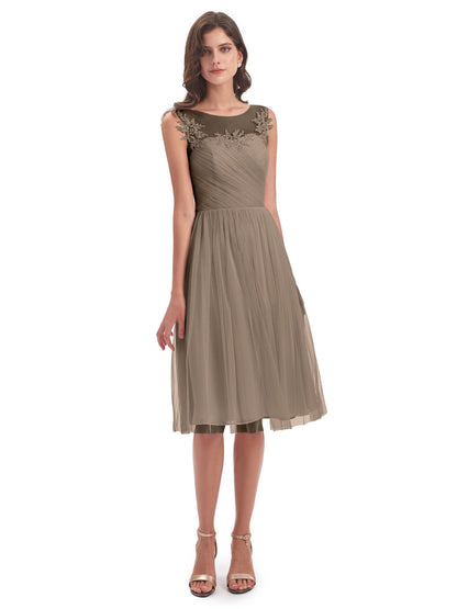 Brooklyn Knee Length Illusion Scoop Tulle Bridesmaid Dresses
