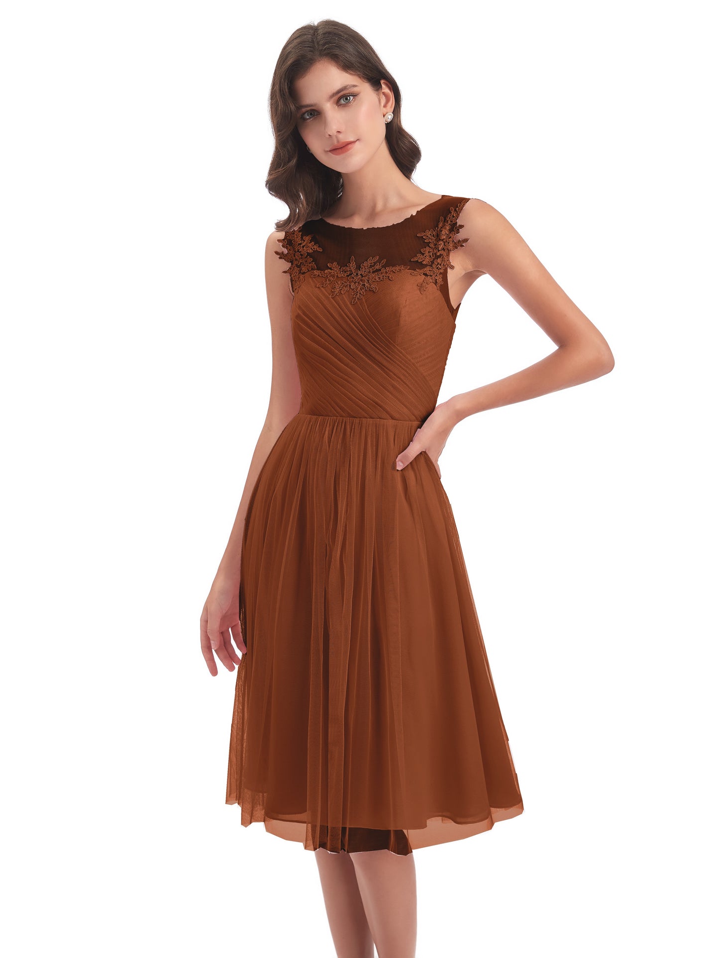 Brooklyn Knee Length Illusion Scoop Tulle Bridesmaid Dresses