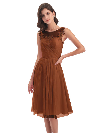 Brooklyn Knee Length Illusion Scoop Tulle Bridesmaid Dresses