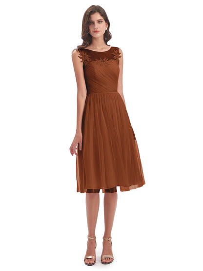 Brooklyn Knee Length Illusion Scoop Tulle Bridesmaid Dresses