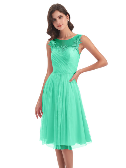 Brooklyn Knee Length Illusion Scoop Tulle Bridesmaid Dresses