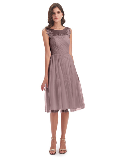 Brooklyn Knee Length Illusion Scoop Tulle Bridesmaid Dresses